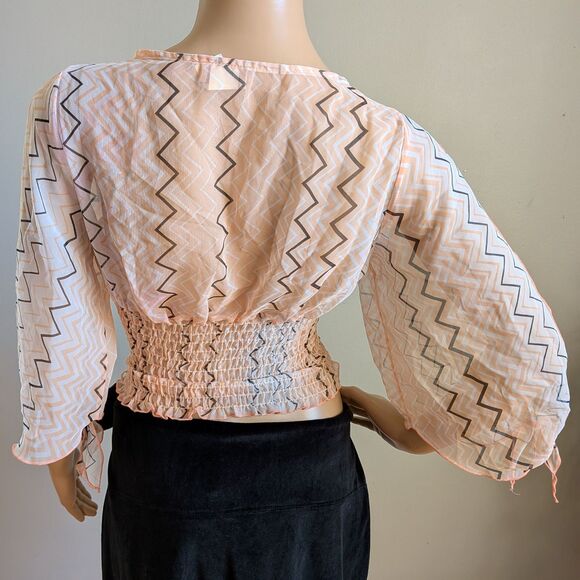 Vintage Y2K Q&A Cropped Top Semi-Sheer Shirred Zig Zag Boho Size Large - Picture 4 of 8
